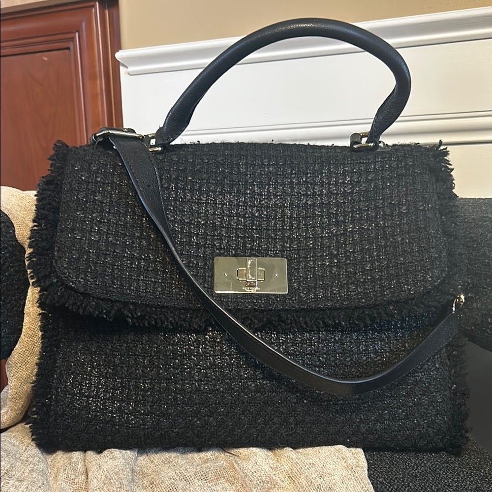 kate spade Black Tweed Satchel with Structured Shape and Gold Hardware